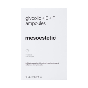 Mesoestetic Glycolic + E + F  est un traitement hebdomadaire intensif pour tous les types de peau qui accélère le renouvellement cutané afin de réduire les imperfections visibles à la surface de la peau (rides, taches, pores, peau terne, texture irréguliè