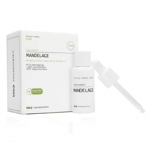 MANDELAGE traite le vieillissement modéré de la peau et les pigmentations superficielles. PEAU SEBORRHEIQUE ET ACNE. INNO EXFO. PEELING MEDICAL. USAGE PROFESSIONNEL.