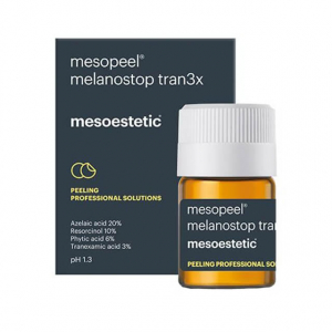 Mesoestetic Mesopeel Melanostop Tran3x (1 x 50ml) - Peeling dépigmentant dont la formule complexe accélère le renouvellement de l’épiderme pour éliminer la mélanine accumulée dans les couches superficielles de la peau. Apporte une amélioration visible du 