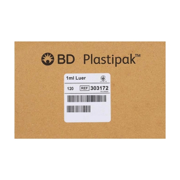 BD Luer-Slip Tip Syringes 1ml Plastipak (303172) x 120 a un cÃ´ne central clair avec des graduations en gras pour une lecture prÃ©cise des mesures. Le piston a un mouvement fluide et est sÃ©curisÃ© Ã  l'extrÃ©mitÃ© pour Ã©viter un retrait accidentel.