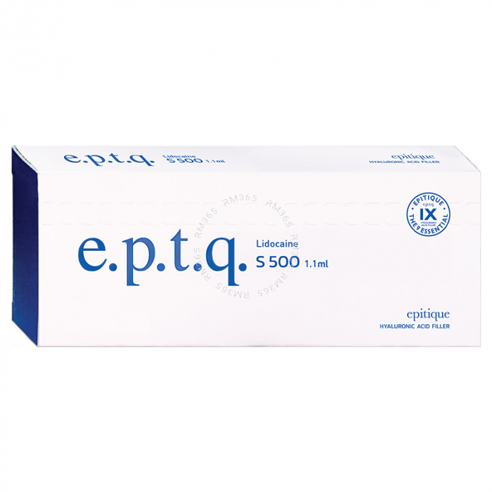 e.p.t.q. S500 Lidocaine est un produit de comblement dermique de densité moyenne à base d'acide hyaluronique stabilisé et purifié. Le produit est fabriqué selon le procédé « The 9 Essentials», ce qui implique 9 critères pour les normes de qualité des prod
