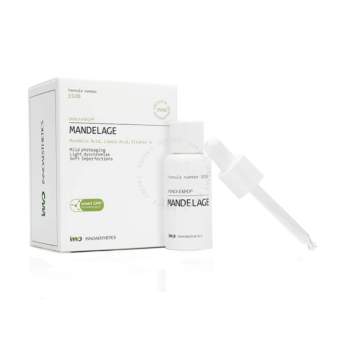 MANDELAGE traite le vieillissement modéré de la peau et les pigmentations superficielles. PEAU SEBORRHEIQUE ET ACNE. INNO EXFO. PEELING MEDICAL. USAGE PROFESSIONNEL.