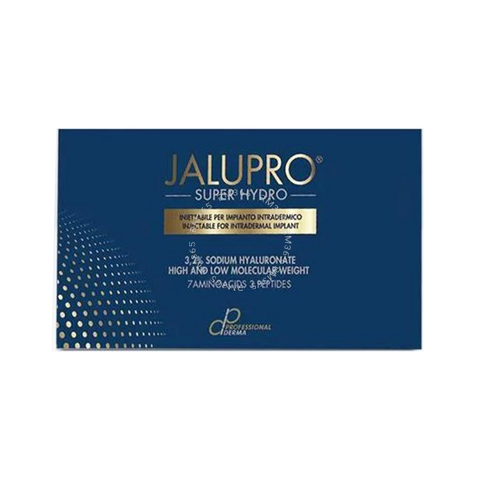 JALUPRO Super Hydro est une puissance d'acides aminés, peptides et haute concentration en HA 3,2% pour une BIOREVITALISATION profonde et durable. Une seringue prête à l'emploi de 1,5 ml Visage, cou, décolleté, aisselles, mains, intérieur des cuisses ou ab