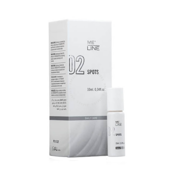 ME-LINE 02 SPOTS est un sérum visage et corps. Sérum blanchissant à base d'acides.Solution dépigmentante pour lentigos solaires. Contribue à l'élimination du pigment dermique mélanique. Renforce le traitement des lentigos et de l'hyperkératose. ME-LINE 02 SPOTS est un sérum visage et corps. Sérum blanchissant à base d'acides.Solution dépigmentante pour lentigos solaires. Contribue à l'élimination du pigment dermique mélanique. Renforce le traitement des lentigos et de l'hyperkératose.