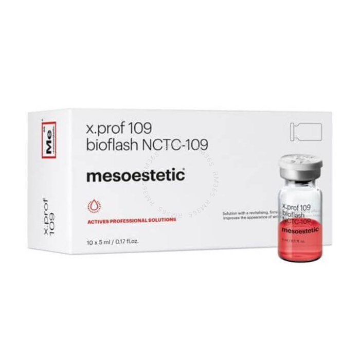 Mesoestetic Meso.prof x.prof 109 bioflash NCTC-109 (10 x 5ml) - Association exclusive de vitamines, d'acides aminés, de sels minéraux et de coenzymes en solution à effet énergisant et hydratant qui améliore la turgescence de la peau. Réduit visiblement l'