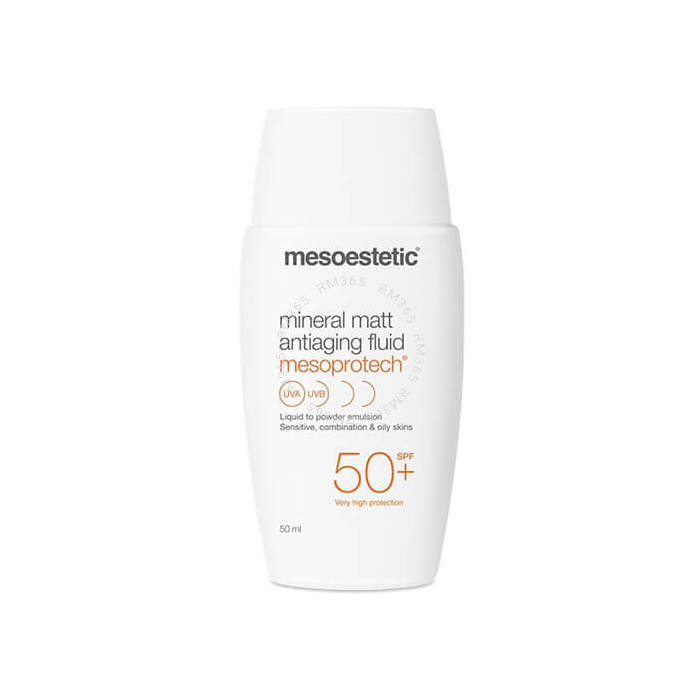 Mesoestetic Mineral Matt Antiaging Fluid SPF 50+ formulé avec des particules matifiantes aidant à réduire la brillance et la production de sébum, cet écran solaire innovant protège la peau contre les rayons UVA, UVB, IR et HEV.