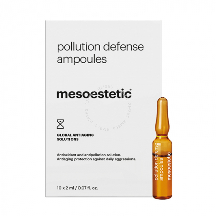 Mesoestetic Pollution Defense Ampoules (10 x 2ml)- Solution antioxydante et antipollution. Protège efficacement contre les agressions quotidiennes urbaines responsables du vieillissement prématuré. Sa formule concentrée permet de bloquer les processus d'o Mesoestetic Pollution Defense Ampoules (10 x 2ml)- Solution antioxydante et antipollution. Protège efficacement contre les agressions quotidiennes urbaines responsables du vieillissement prématuré. Sa formule concentrée permet de bloquer les processus d'o